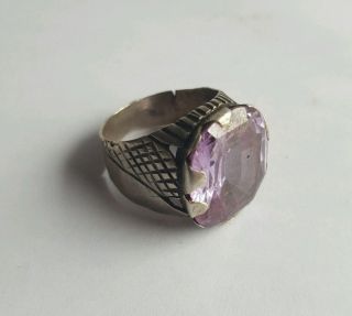 Post Medieval Silver Ring With Large Purple Glass Stone photo