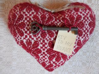 Primitive Vintage Woven Red Coverlet Key To My Heart Bowl Filler Skeleton Key photo