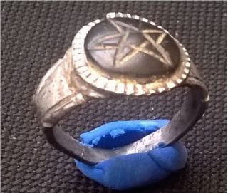 Great Silver Ancient Roman Ring With Black Stone And Engraved Pentagram photo
