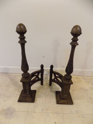 Antique Vintage Victorian Cast Iron Andirons Firedogs With Brass Acorn Finials photo