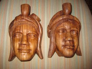 Wooden Wall Plaques Head Bust Native Hand Carved Vintage Brown Tribal With Pipe photo