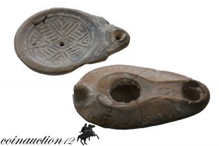 Group Of 2 Byzantine Holy Land Jewish Decorated Oil Lamps photo