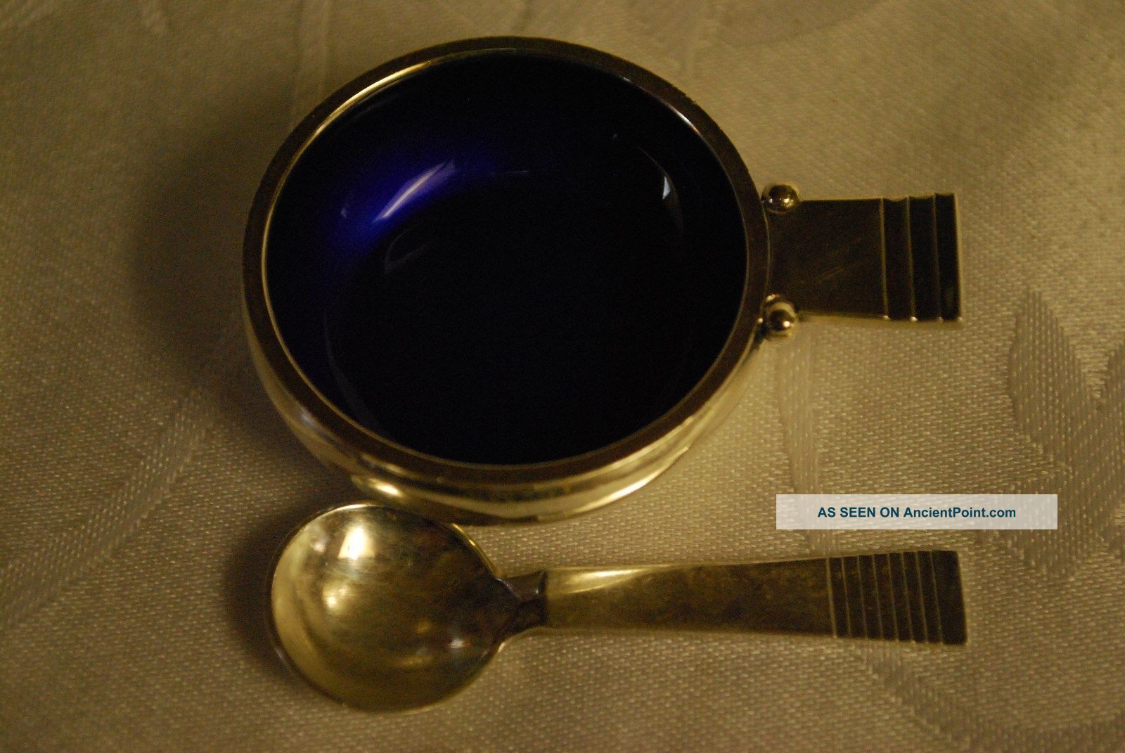 Georg Jensen Sterling Silver Parallel Pattern Blue Enamel Open Salt & Spoon 1 Flatware & Silverware photo