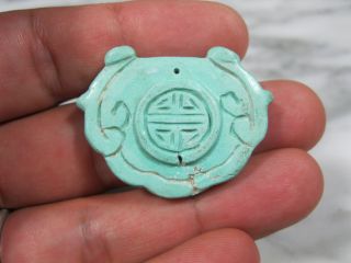 Rare Antique Chinese Carved Turquoise Ruyi Form Necklace Pendant W Shou Symbol 1 photo