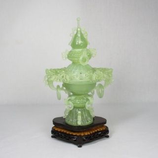 H411: Popular Chinese Green Stone Gyoku Ware Incense Burner With Wooden Stand photo