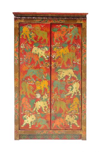 Tibetan Style Hand Painted Foo Dogs Pattern Armoire Cabinet F193 photo