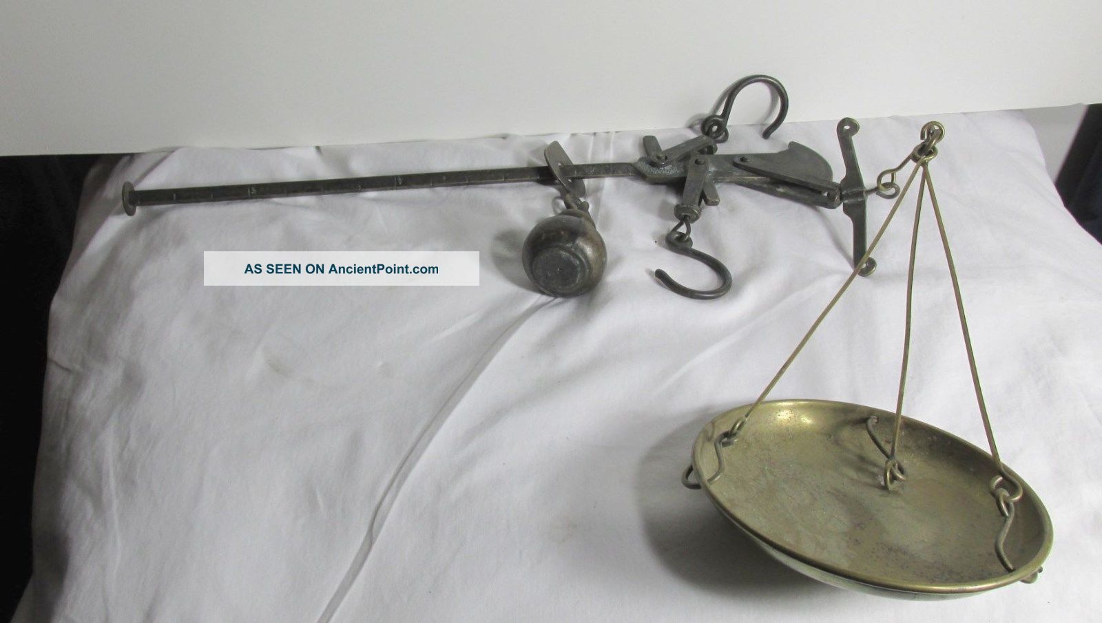Antq Balance Beam Hanging Scale W/ Weight,  Double Hook,  Ring Solid Brass Scales photo