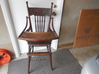 Antique Wood Press Back Spindle Child Baby High Chair photo