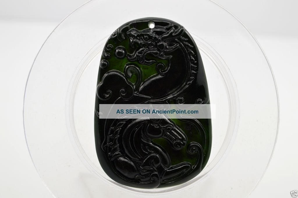 38 Chinese Natural Nephrite Fine Black Jade Carving Pendant Dragon Statue Necklaces & Pendants photo