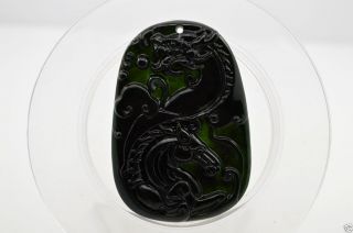 38 Chinese Natural Nephrite Fine Black Jade Carving Pendant Dragon Statue photo
