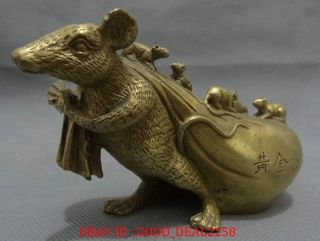 13cm Chinese Pure Brass Animals 12 Year Zodiac Mouse Carry 5 Mouselet Bag Statue photo