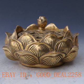 Chinese Brass Handwork Carved Lotus Incense Burner & Hollow Lid W Qianlong Mark photo