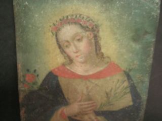 Antique Spanish Retablo On Tin 