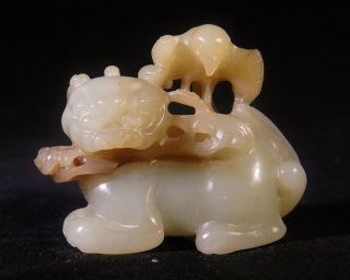 19thc Chinese White Hetian Jade Carving Lion Foo Dog Lingzhi Antique Shishi Qing photo