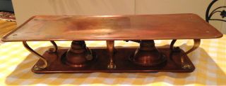 Antique Copper Warming Stand Tray,  2 Hinks Burners Lamps Brass Legs Buffet Server photo