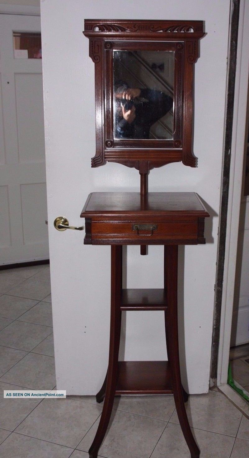 Antique Gentleman ' S Shaving Floor Stand Vanity Mirror Victorian W/ Drawer 1800-1899 photo