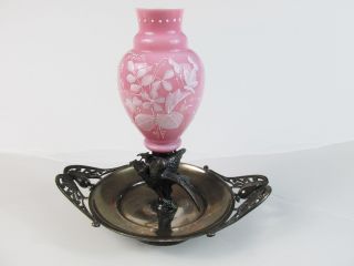 C1880 Victorian Art Glass Posy Vase W/figural Songbird Silverplate Stand photo