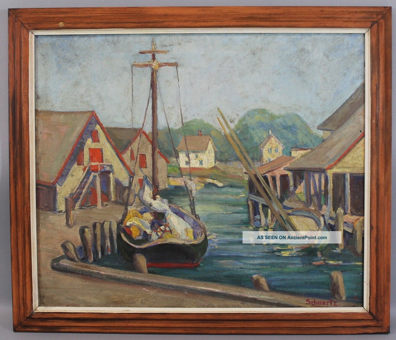 Antique Early 20thc Schmertz Boat Harbor Oil Painting,  Rockport School Other Maritime Antiques photo