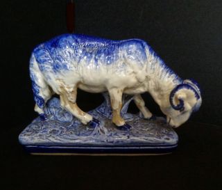 Antique Sarreguemines French Faience Majolica Blue Ram Sheep - Lovely Glaze Skips photo