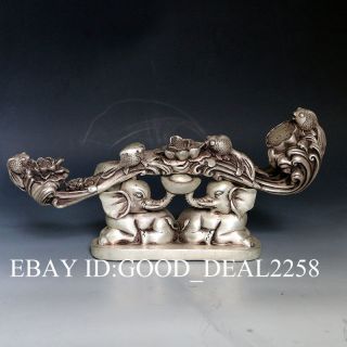 Oriental Vintage Silver Copper Hand - Carved Statue W 2 Elephant & Ruyi photo