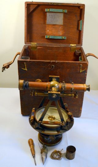 Antique W & Le Gurley Transit 1800s Brass Compass Surveying Equipment & Box photo