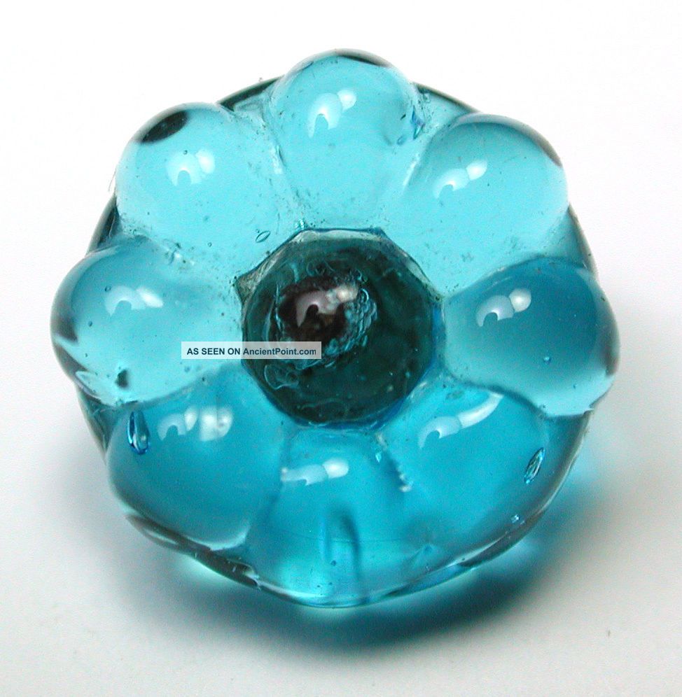 Antique Glass Charmstring Button Aqua Blue Flower Mold Design Buttons photo