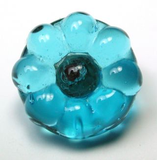 Antique Glass Charmstring Button Aqua Blue Flower Mold Design photo