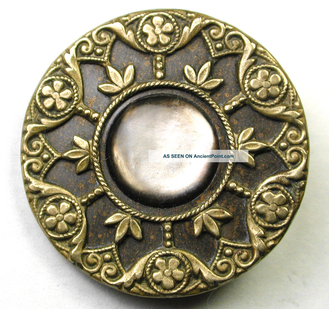 Antique Brass Button Shell Center W/ Fancy Brass Floral Design Buttons photo