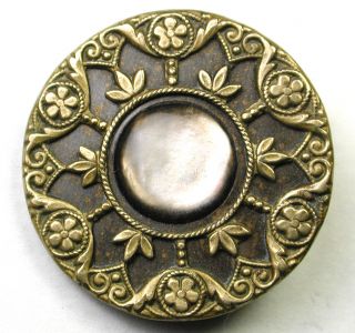Antique Brass Button Shell Center W/ Fancy Brass Floral Design photo
