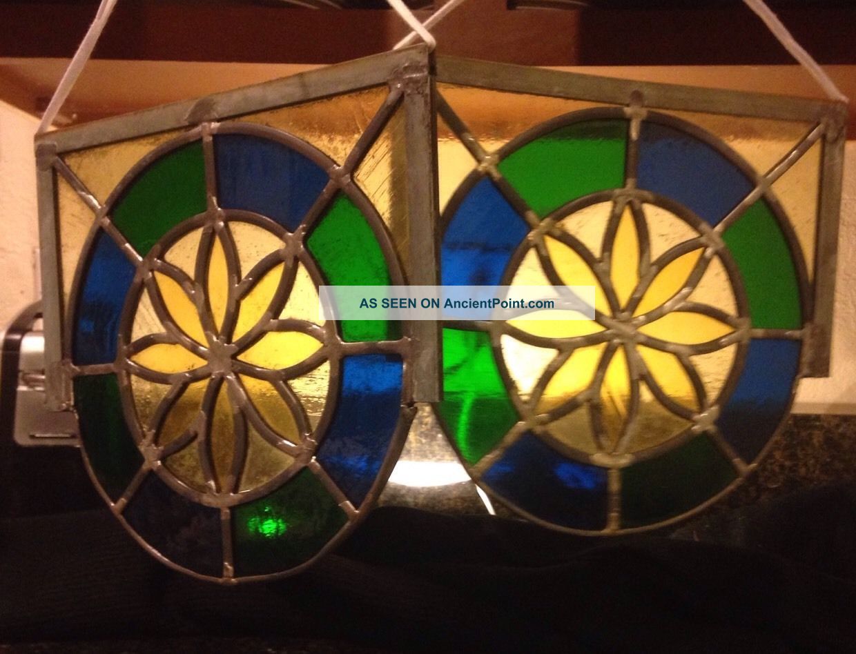 2 Primitive Antique Small Leaded Stained Glass Flower Window Hang 1900-1940 photo