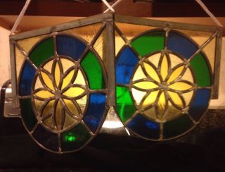 2 Primitive Antique Small Leaded Stained Glass Flower Window Hang photo
