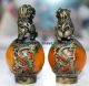 Rare Tibet Silver Inlaid Jade Hand Carved Dragon Phoenix Ball Lion Statue A Pair Other Antique Chinese Statues photo 1