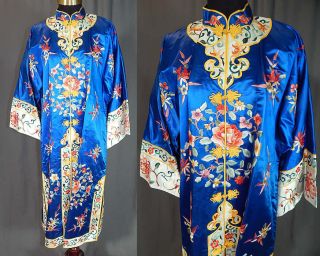 Vintage Golden Bee Chinese Royal Blue Silk Embroidered Peony Long Robe Coat Sz M photo