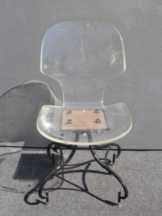 Very Unique Vintage Spanish Contemporary Lucite Accent Chair W Wrought Iron Base photo