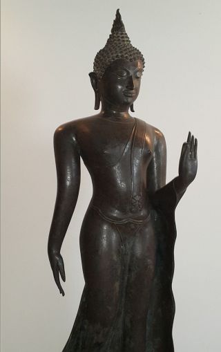 Antique Bronze Sukhothai Walking Buddha,  Lifesize (194.  31cm).  19/20th Century. photo