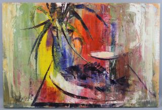 Vintage 1950s Stanley Sobossek Abstract Tropical Fish & Palm Tree Oil Painting photo