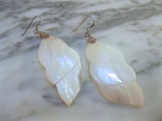 Vintage Carved Mother Of Pearl Sterling Silver Dangle Earrings Boho Mop photo