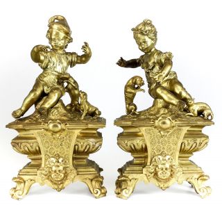 Pair Continental Gilt Bronze Chenets C1900 Young Boy & Girl Play W/ Puppies Cat photo