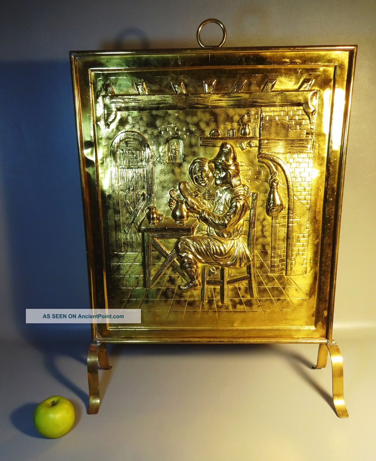 20th Century Brass Fire Place Screen W/relief Pattern Of Medieval Tavern Scene Hearth Ware photo