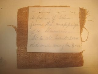 Ancient Egyptian Mummy Cloth Attached To Paper W/note.  From World Tour 1930 ' S photo