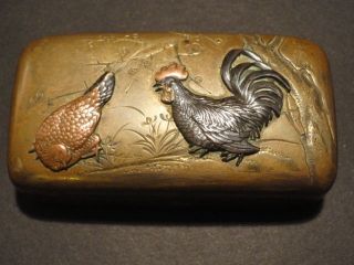 Very Fine Antique / Vintage Japanese Mixed Metal Box Hen Rooster Brass Bronze photo