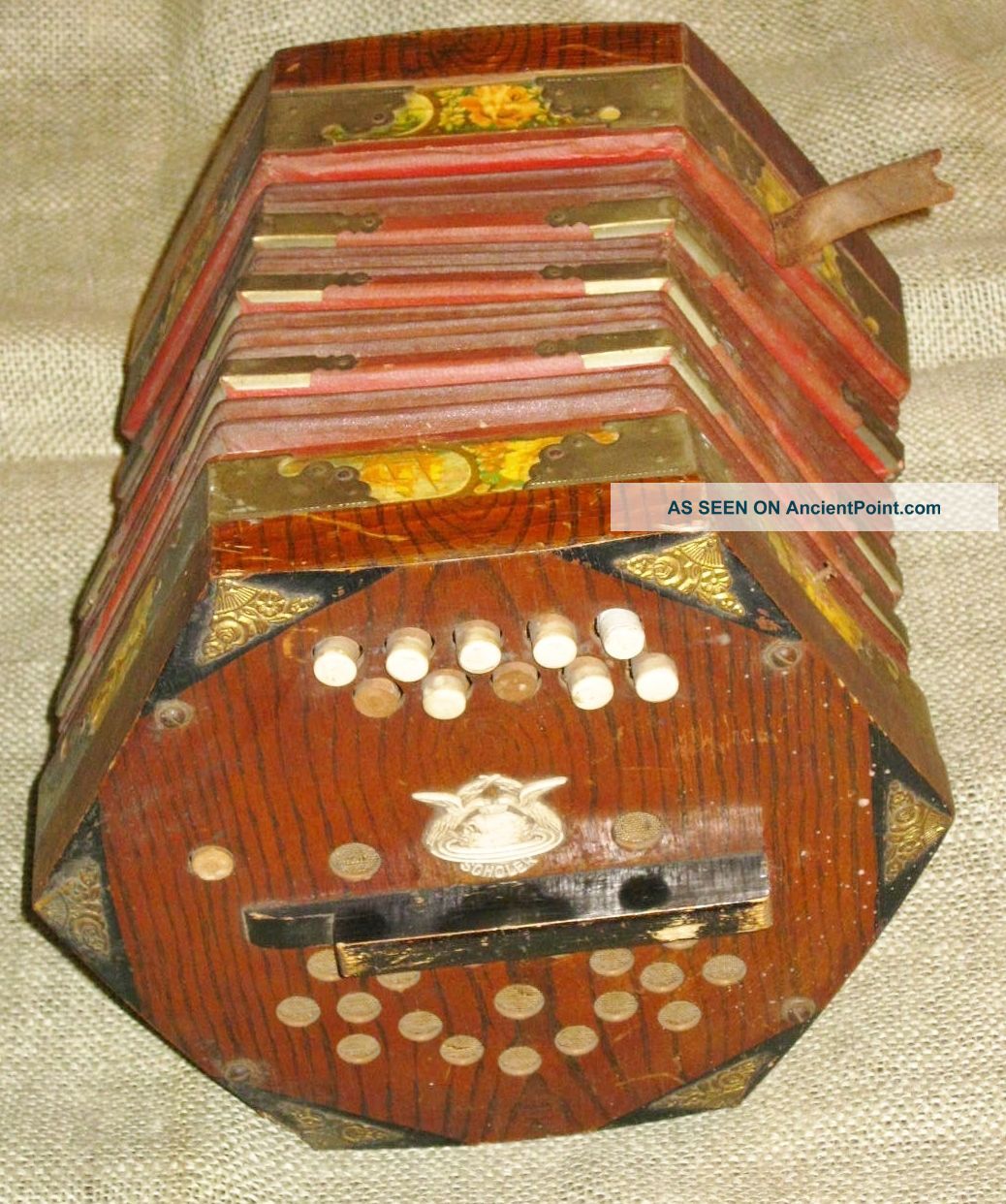 Antique According Scholer Music Wood Victorian 21 Button Squeeze Box Gypsy Italy Other Antique Instruments photo