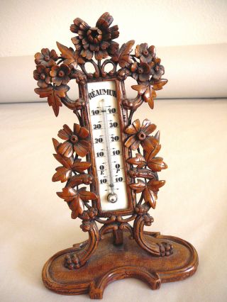 Old French Carved Ornate Wood Framed Thermomoter photo
