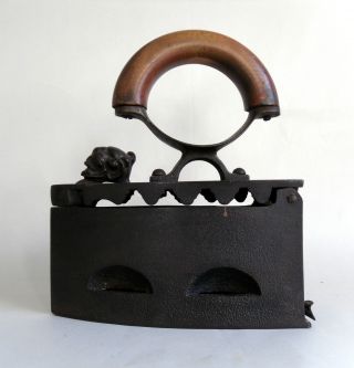 Antique Victorian Clothes Charcoal Iron.  Box Shape.  Lion Head Handle.  Cast Iron photo