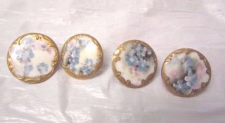 4 Antique Porcelain Large Handpainted Buttons Gilt Stud Violets Flowers photo