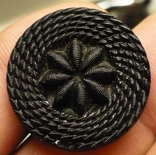 Vintage Black Glass Button W/ Coiled Rope And Flower Design 1 