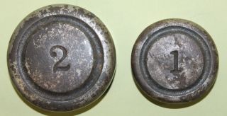 2 Vintage Round Cast Iron Scale Weights/1lb - 2lb/nickel Plating/$6.  80 To Ship /nr photo