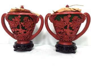 Antique Extremely Rare Green Pair Chinese Cinnabar Lacquer Enamel Mirror Vase photo