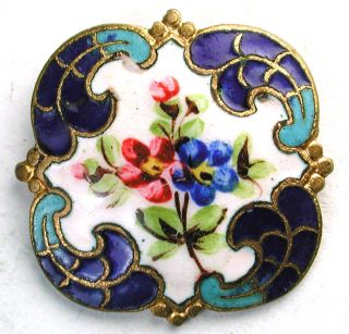 Square Antique French Enamel Button Hand Painted Floral W/ Cobalt & Turquoise photo
