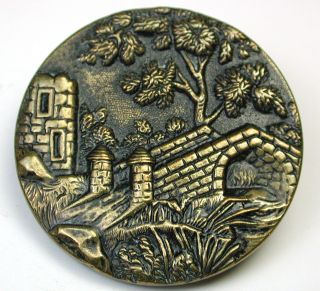 Antique Stamped Brass Button Old Stone Bridge & Castle Pictorial photo